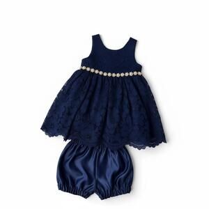 Princess Collection Navy Lace Dress Bloomers Set 18M Pearl Waist Formal Baby